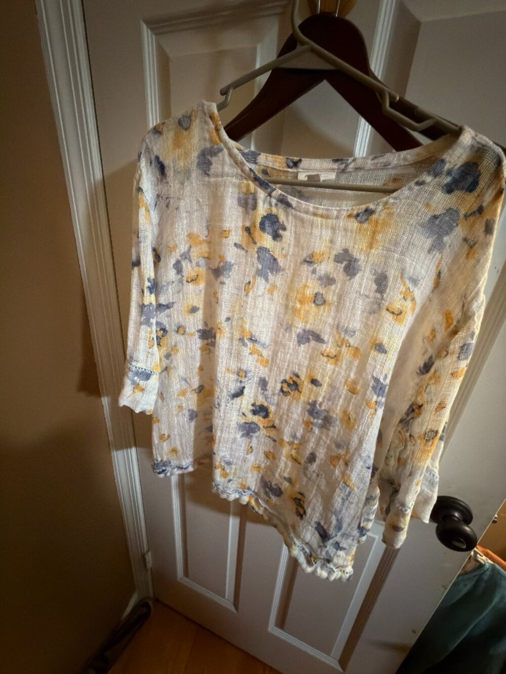 Pure Jill J Jill 100% Linen Watercolor Floral Tunic Blue Yellow L